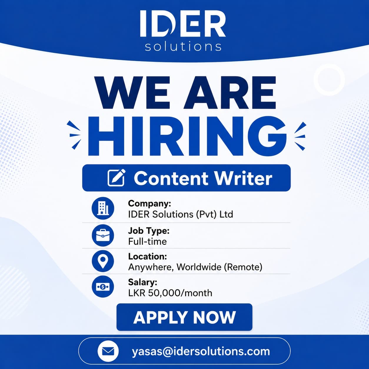Content Writer position at IDER Solutions