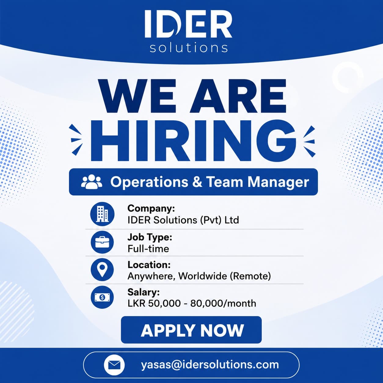 Operations & Team Manager position at IDER Solutions